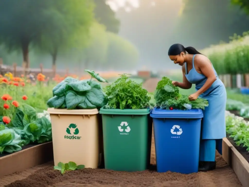 Una imagen serena y minimalista de comunidades locales practicando un estilo de vida sostenible juntos en un jardín comunitario