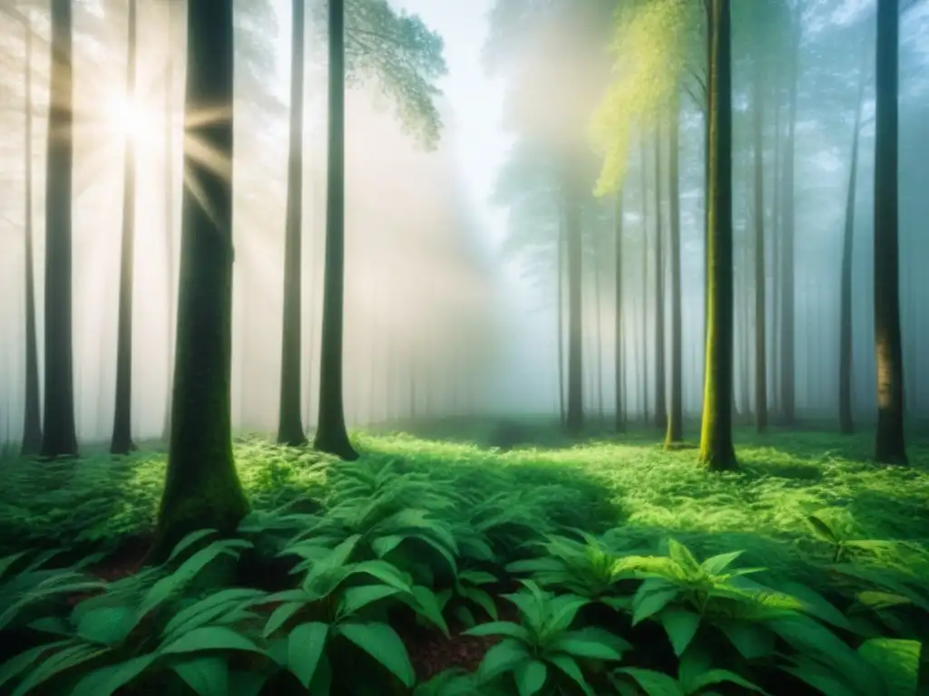 Una imagen serena y minimalista de un exuberante bosque verde con luz solar filtrándose entre las hojas, creando una atmósfera calmada y sostenible