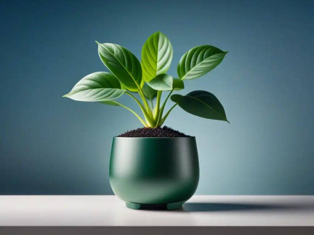 Una imagen serena y minimalista de una exuberante planta verde en una elegante maceta sobre una mesa blanca