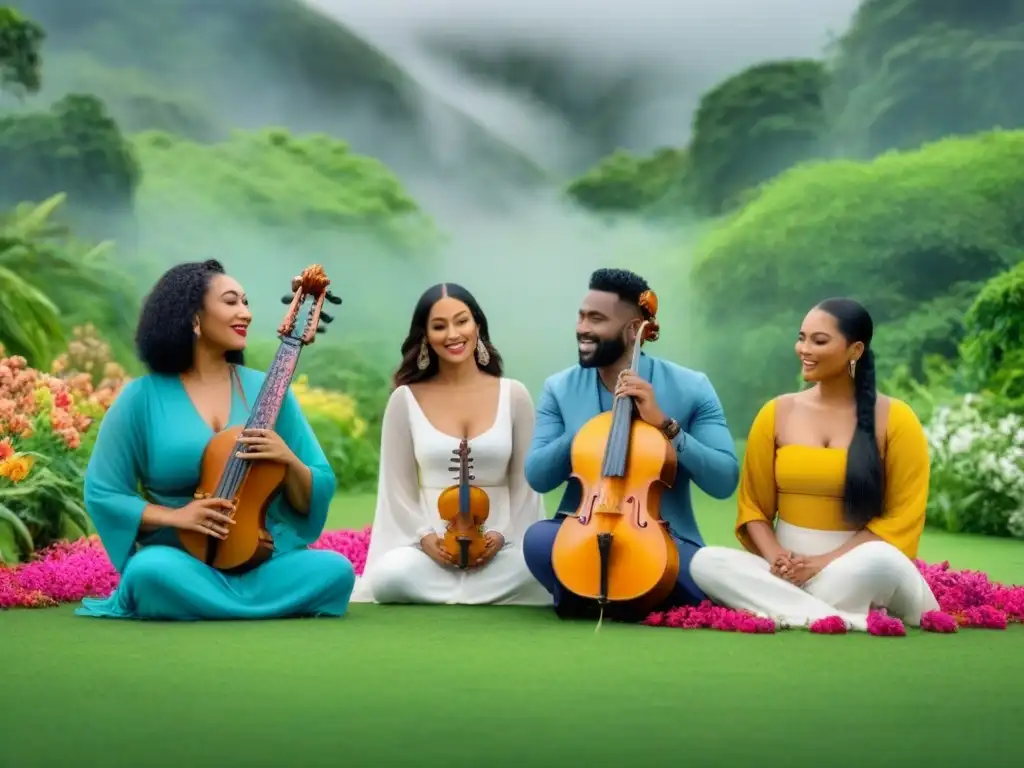 Una imagen serena de personas de distintas culturas tocando música en armonía, rodeados de naturaleza