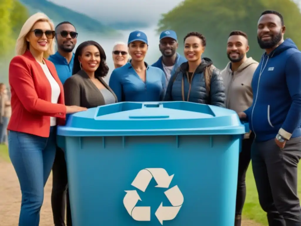 Una imagen 8k ultradetallada de una diversa comunidad reunida alrededor de un gran contenedor de reciclaje en un parque