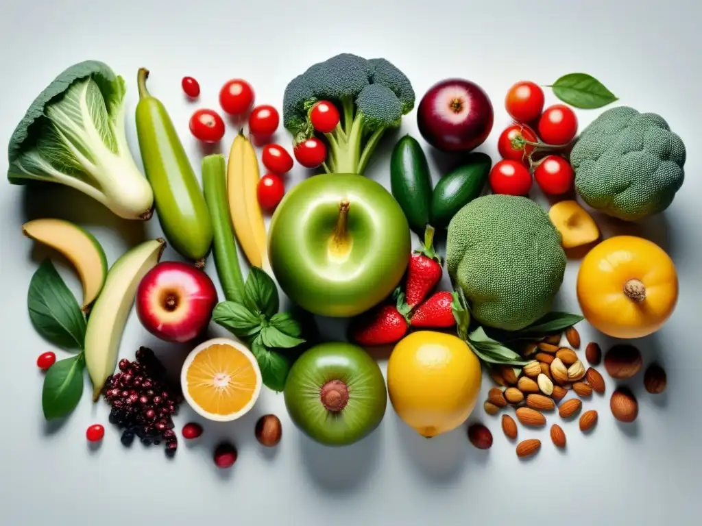 Imagen vibrante de frutas, verduras, nueces y semillas en patrón simétrico sobre fondo blanco