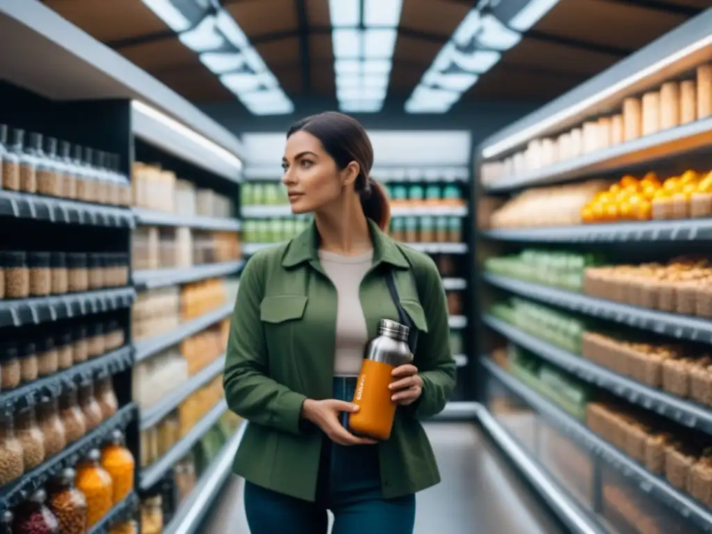 Una imagen de vida sostenible zero waste: persona con botella de acero en tienda ecológica