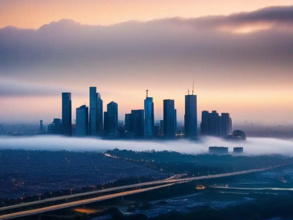 Un impactante atardecer en una ciudad contaminada, donde el smog envuelve rascacielos, mostrando el impacto ambiental de los alimentos procesados