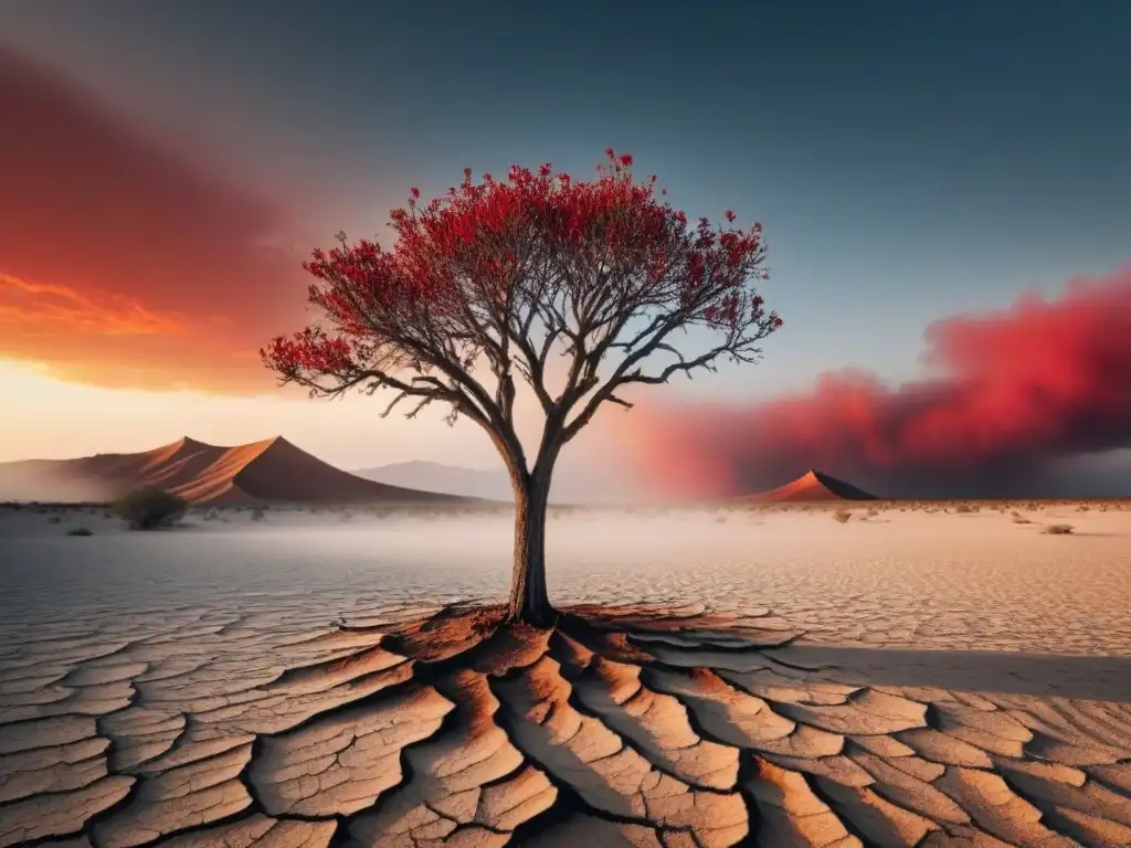 Impactante desierto árido con un árbol marchito luchando por sobrevivir bajo un sol abrasador