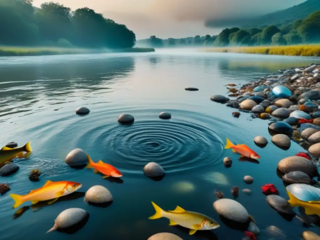 Impactante escena de contaminación en ríos: residuos industriales en el agua y vida acuática luchando por sobrevivir