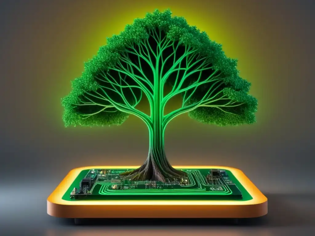 Impactante fusión de tecnología y naturaleza en arte multimedia sostenible: árbol verde creciendo de una placa de circuito