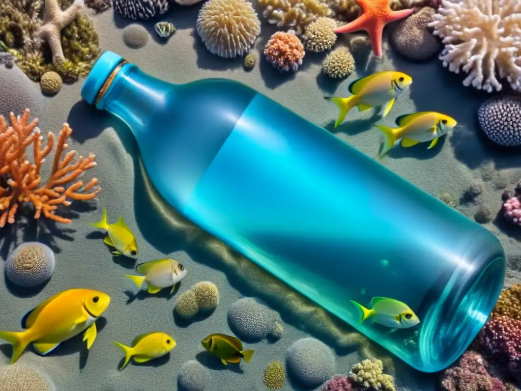 Impactante imagen submarina: océano azul con botella plástica rodeada de vida marina