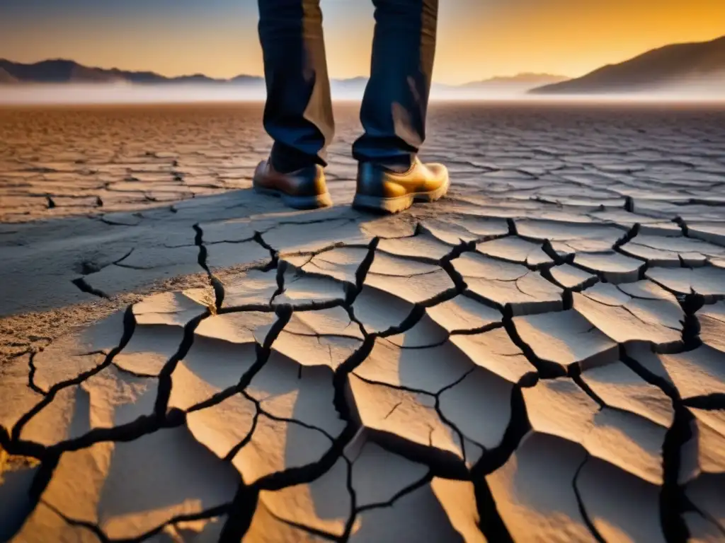 Impactante imagen de la tierra árida y agrietada bajo un sol abrasador, simbolizando el impacto del cambio climático en comunidades empobrecidas