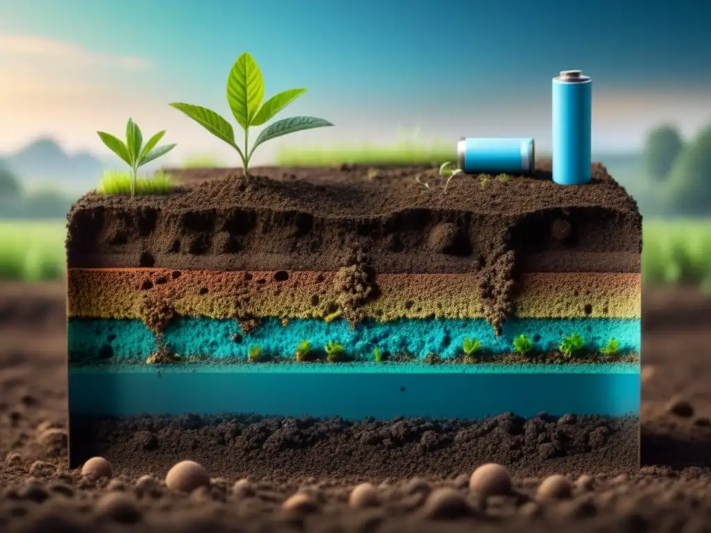 Impactante ilustración minimalista de contaminación por pilas enterradas en el suelo, filtrando químicos a las aguas subterráneas