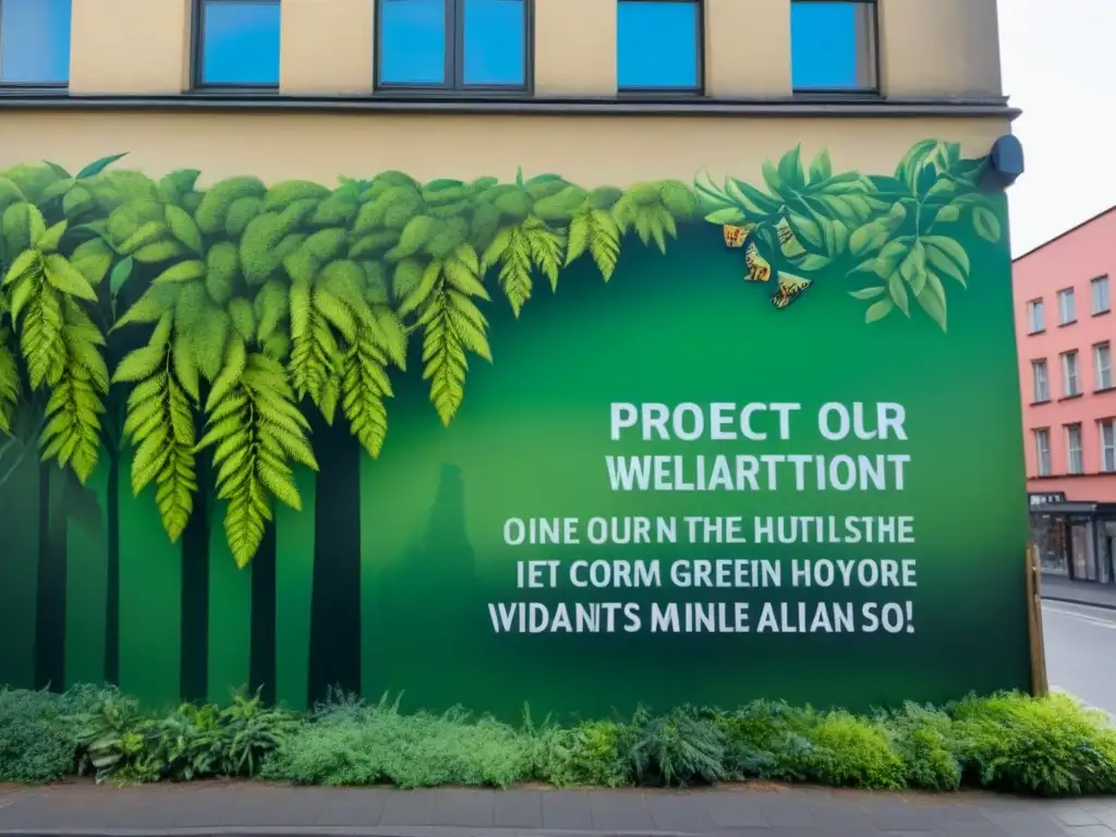 Un impactante mural urbano que promueve la conciencia ecológica con una exuberante selva y mensajes de protección al planeta