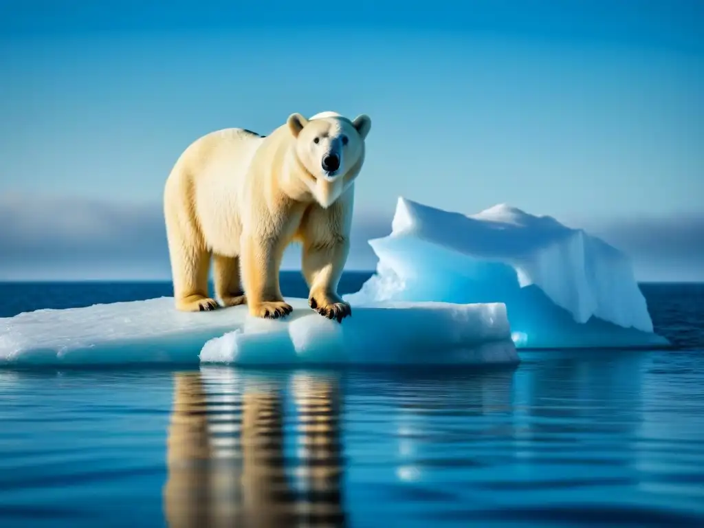 Impactante oso polar sobre iceberg derritiéndose en océano vasto y cielo azul