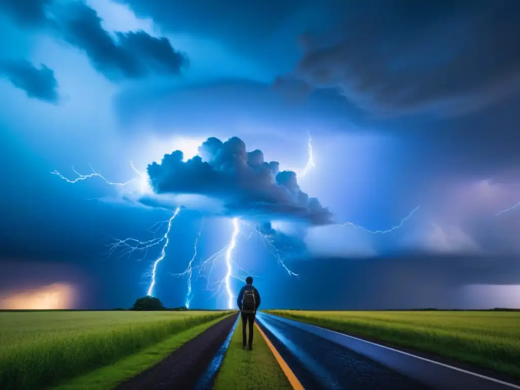 Impactante tormenta con relámpagos y nubes ominosas contrastando con cielo azul