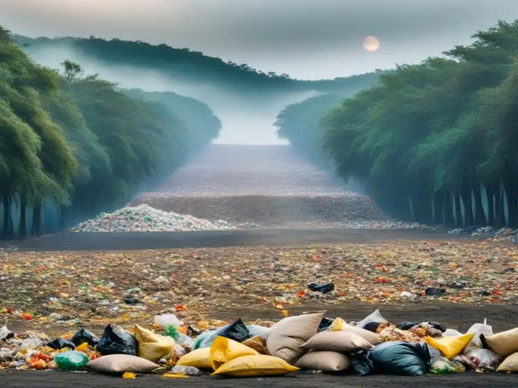 Impacto de alimentos procesados en el medio ambiente: vertedero desbordado rodeado de árboles marchitos y aire contaminado