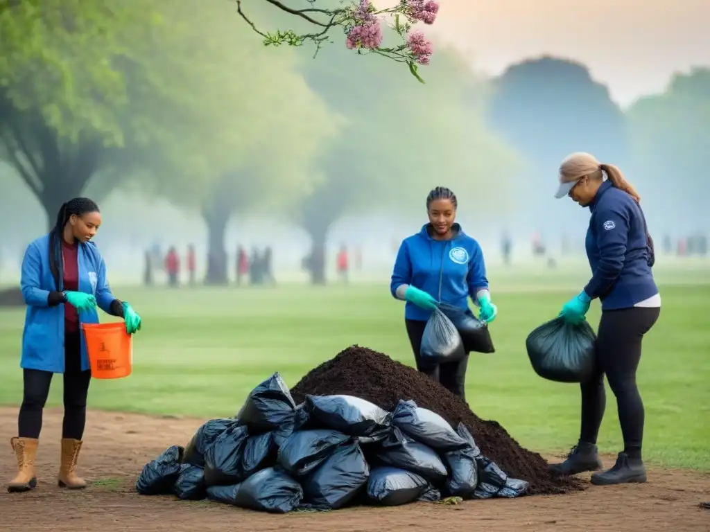 Impacto de educación ambiental comunitaria: Grupo diverso limpia juntos un parque, unidos por un futuro sostenible