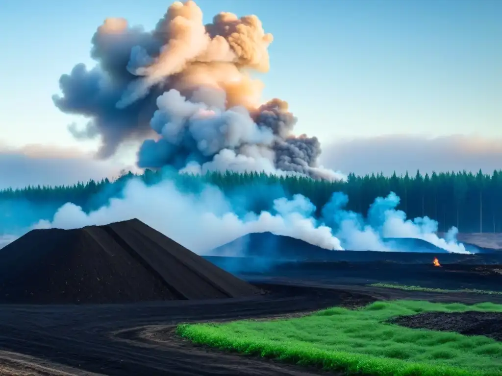 Impacto ambiental de vertederos nocivos: Un vertedero con humo al fondo, rodeado de un bosque verde y cielos azules