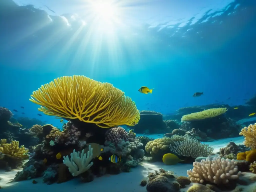 Impacto del calentamiento global en la vida marina: arrecife de coral vibrante y colorido, lleno de peces y vida marina bajo el agua cristalina