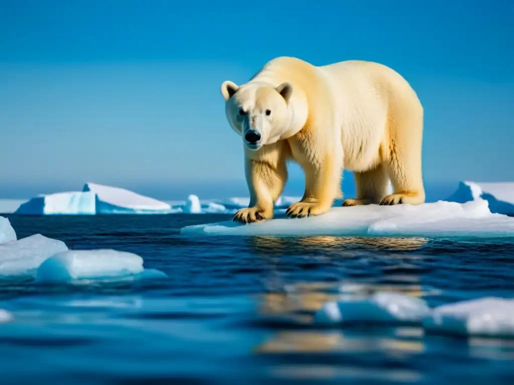 Impacto del cambio climático en la producción de alimentos: Imagen detallada de un oso polar solitario en un iceberg derritiéndose en el Ártico