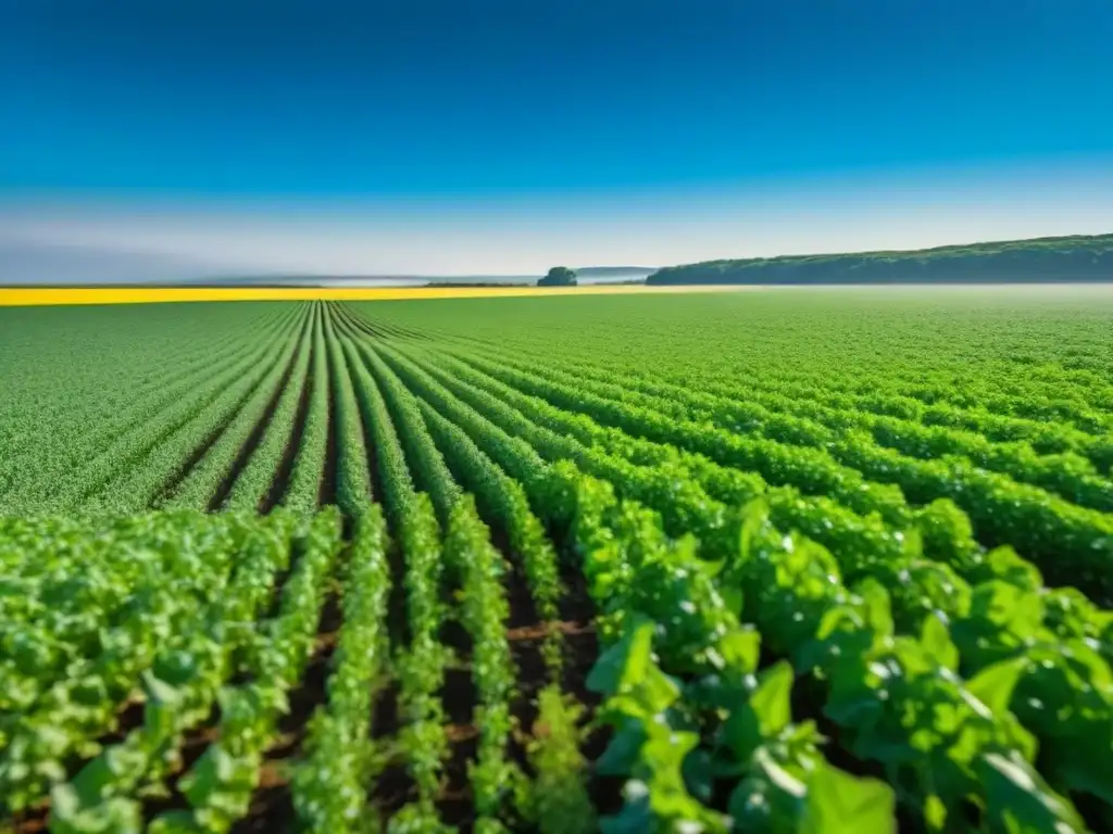 Impacto del cambio climático en la producción de alimentos: ilustración minimalista de un campo verde vibrante bajo un cielo azul claro, con un sutil contorno de la Tierra en el fondo