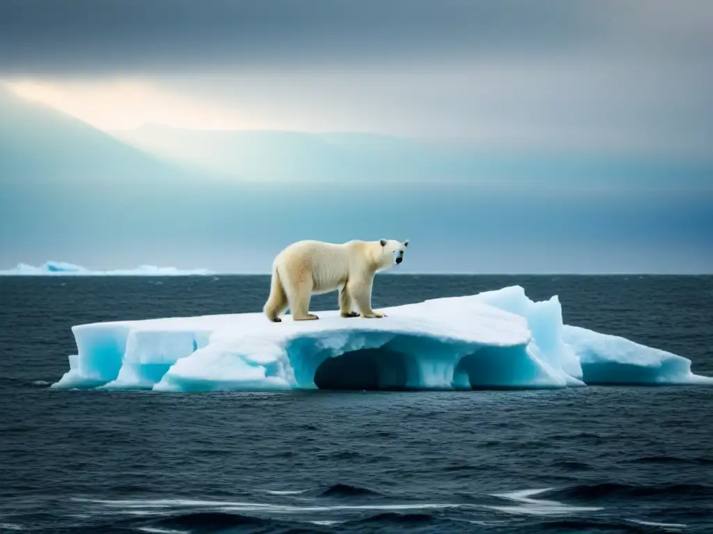 Impacto del cambio climático en la salud: Oso polar solitario en iceberg derritiéndose en vasto océano helado