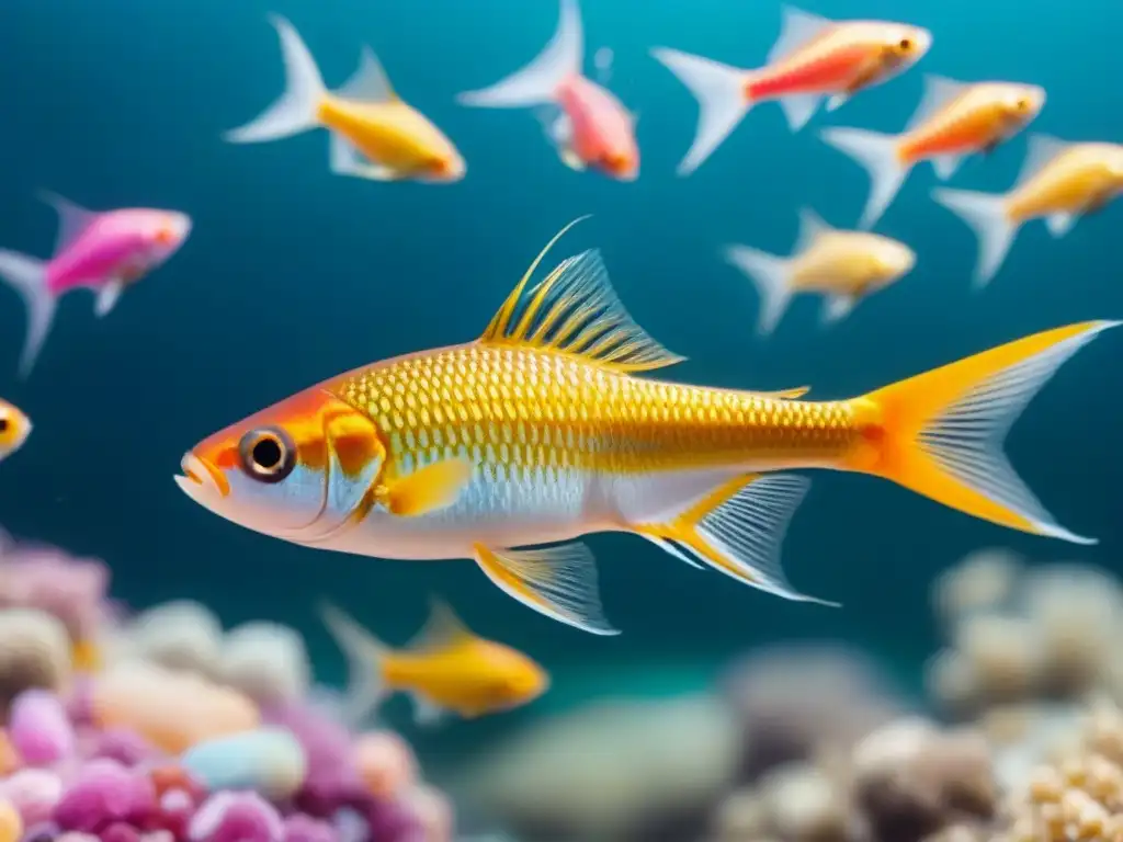 Pequeño pez rodeado de microplásticos en agua clara Impacto del consumo de microplásticos en los océanos: pez rodeado de partículas coloridas en agua clara