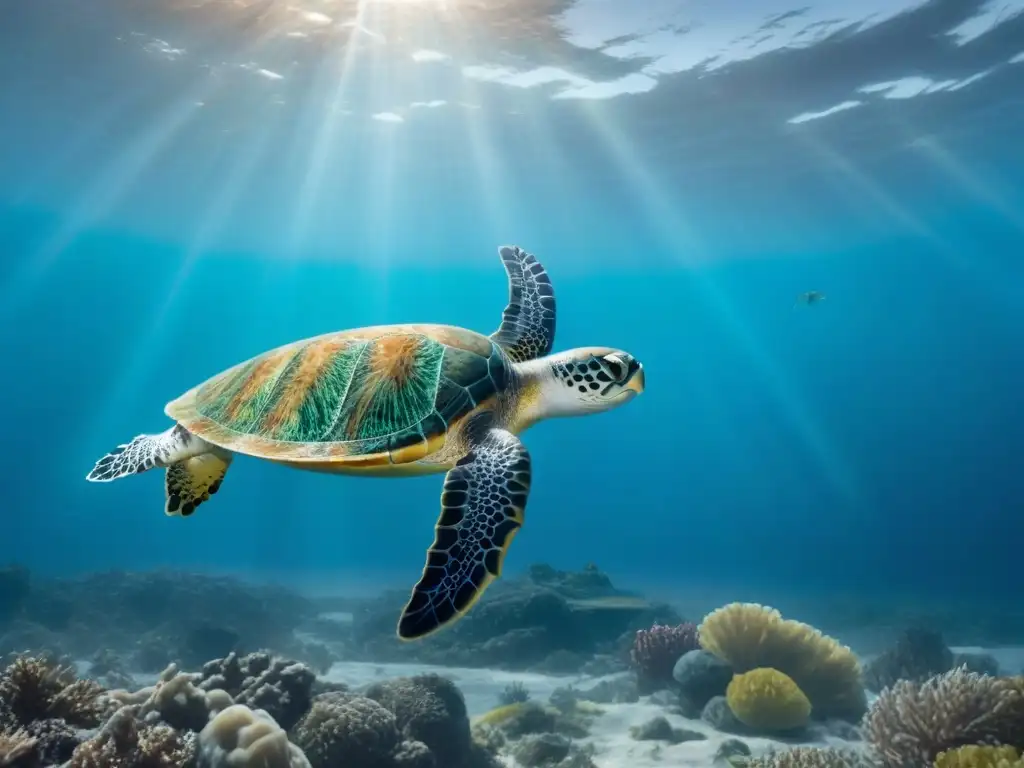 Profunda reflexión: océano vivo vs Impacto de microplásticos en los océanos: ilustración detallada de animales marinos y partículas de plástico en un fondo sereno