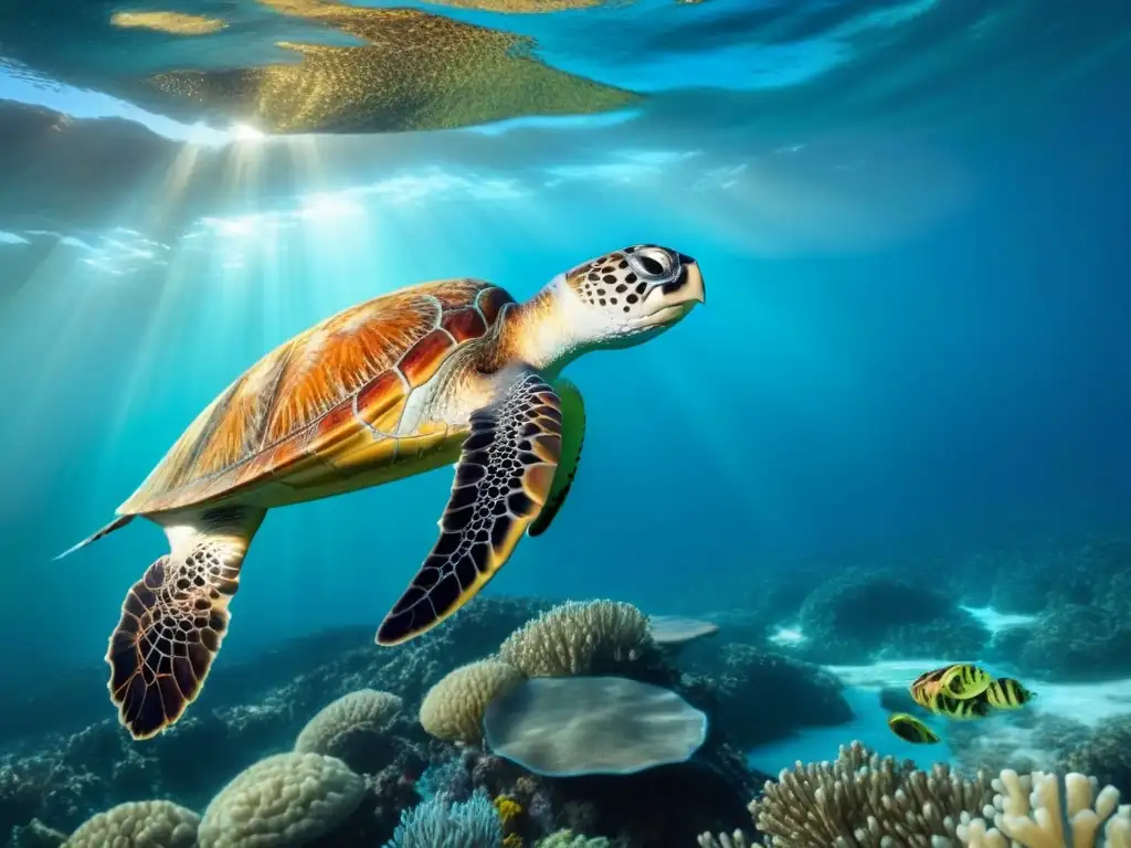 Impacto del plástico en océanos: Ilustración detallada de un vasto escenario marino con aguas cristalinas reflejando la luz del sol, mostrando vida marina como arrecifes de coral coloridos, cardúmenes de peces y majestuosas tortugas marinas nadando gracios