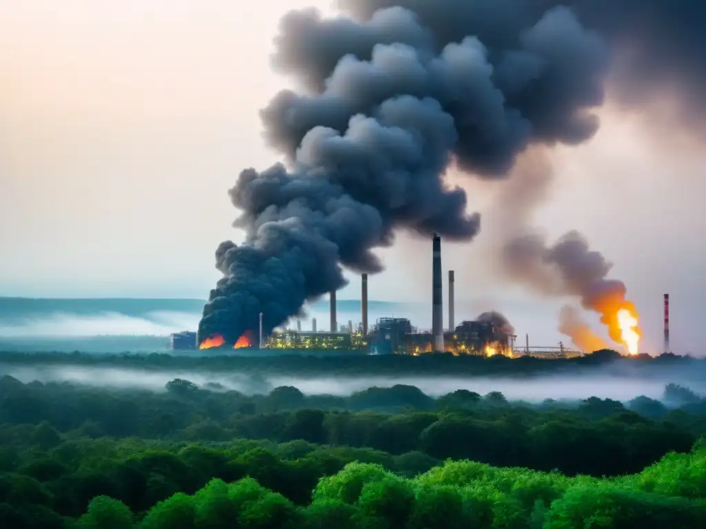Impacto de residuos industriales en ecosistemas sostenibles: contraste entre naturaleza exuberante y fábrica contaminante
