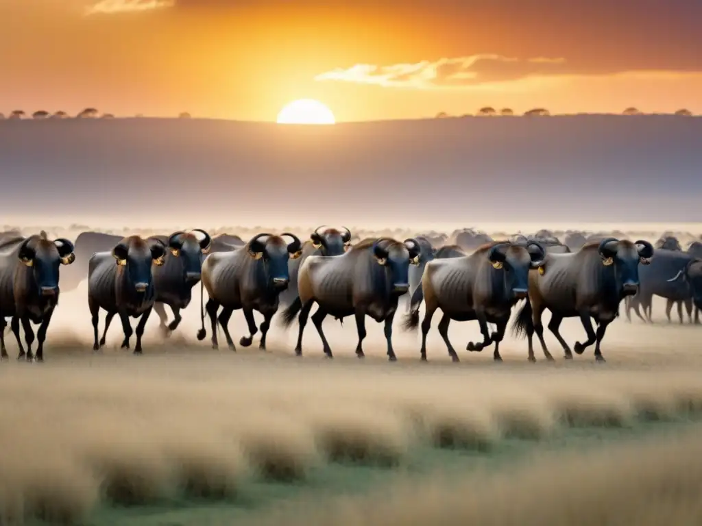 Impacto de residuos en migraciones animales: Manada majestuosa de ñus migrando al atardecer en la vasta llanura del Serengeti