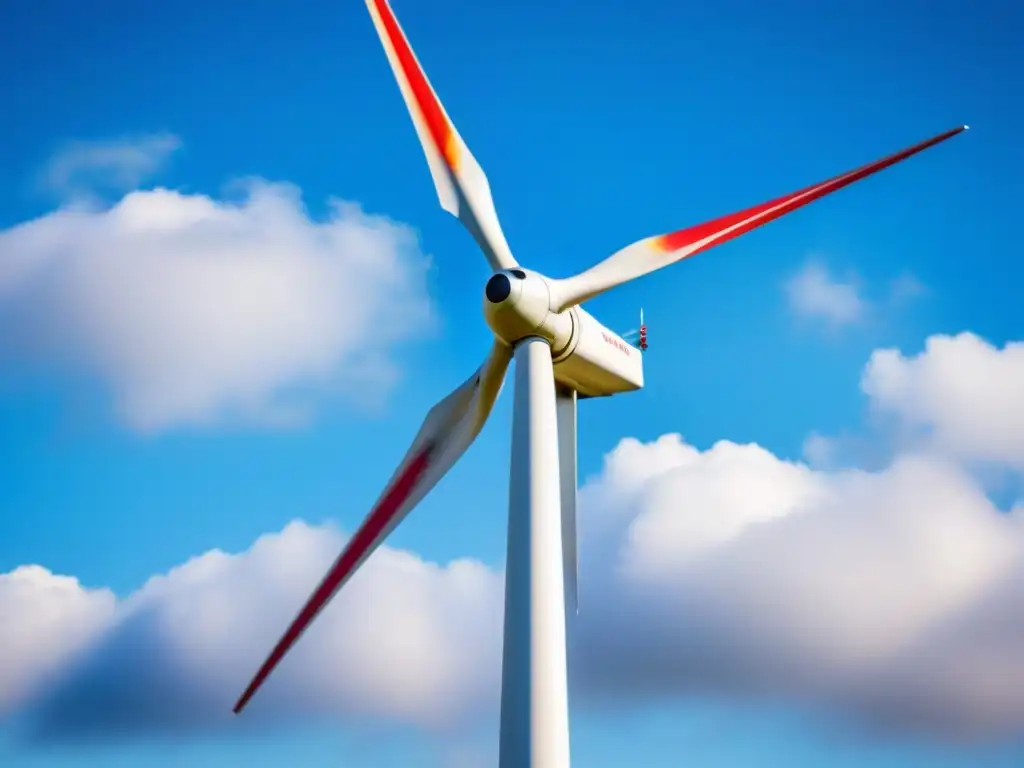 Imponente molino de viento moderno en campo verde, girando sus aspas bajo cielo azul