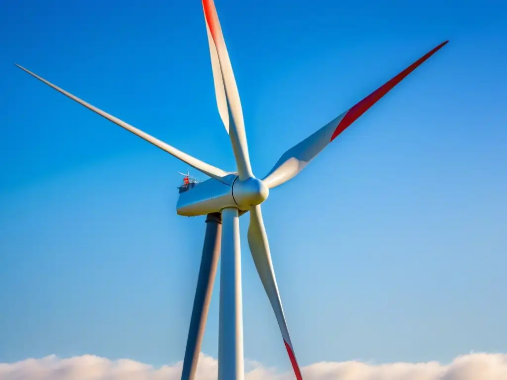 Imponente molino de viento moderno girando en un cielo azul, capturando el impacto de las inversiones en energías renovables