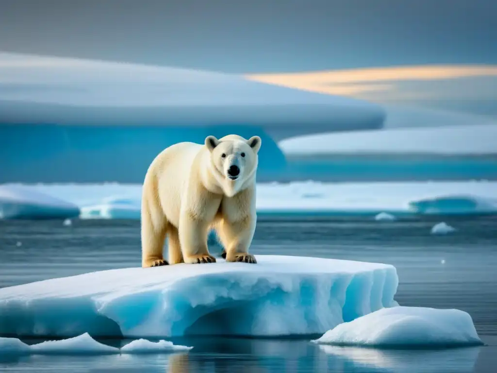 Imponente oso polar en un bloque de hielo derritiéndose, reflejando el impacto del cambio climático en la biodiversidad global