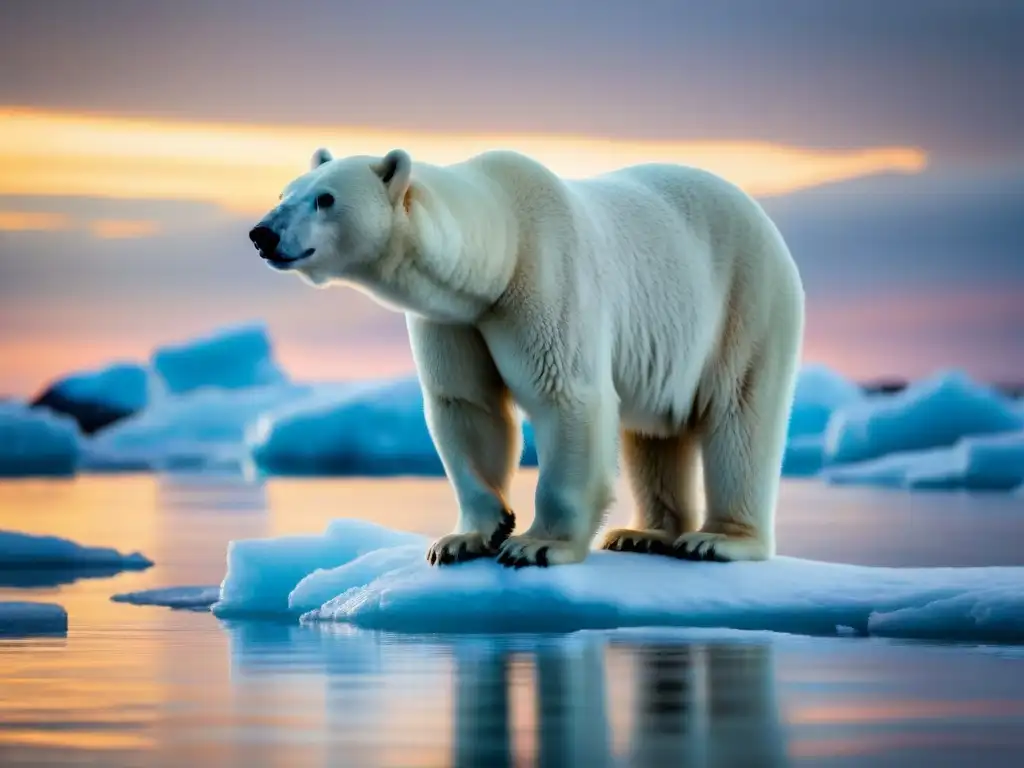 Imponente oso polar en un iceberg derritiéndose al atardecer