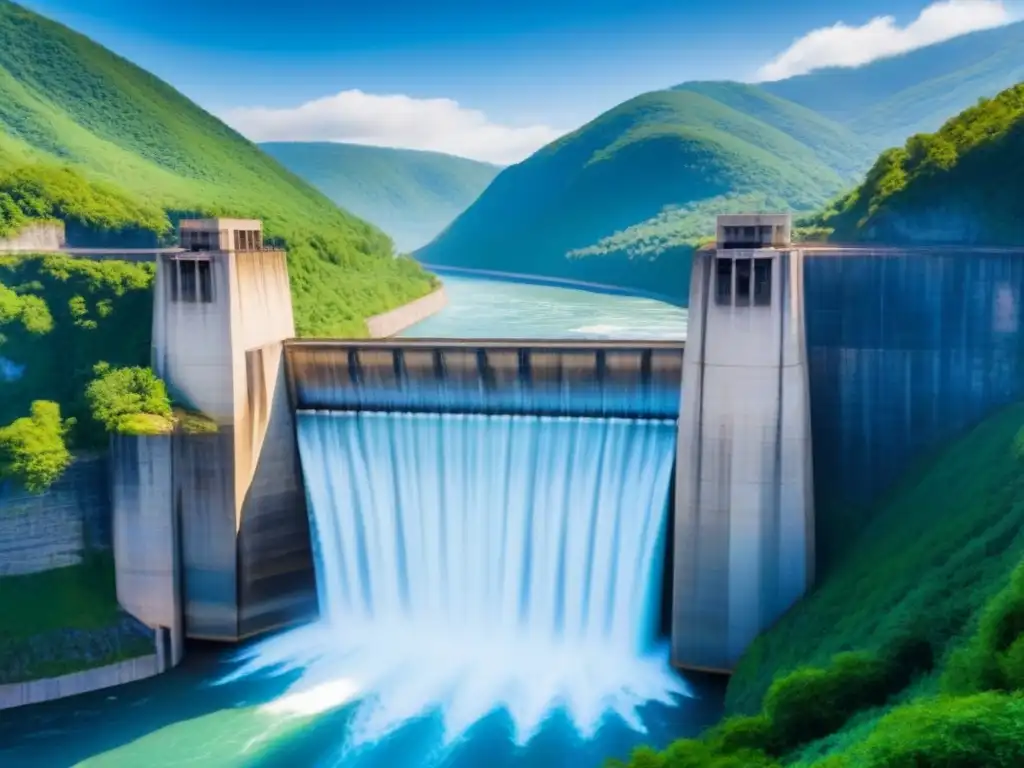 Imponente represa hidroeléctrica capturando la energía del agua, rodeada de montañas verdes