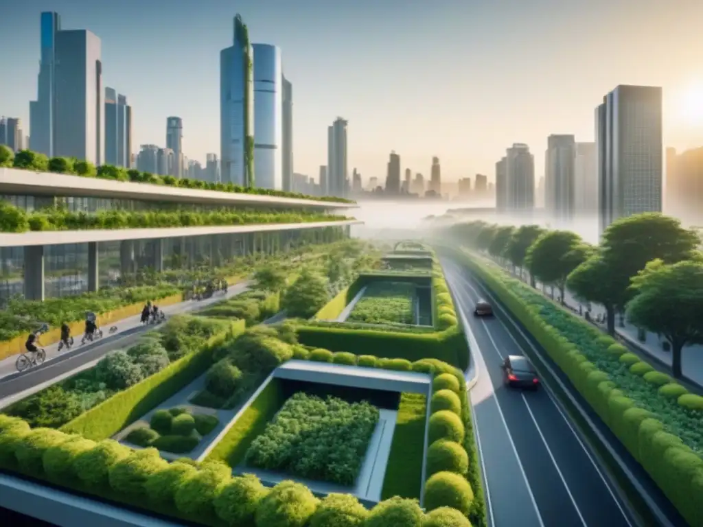 Imponente skyline urbano del futuro con infraestructura verde integrada para mitigar el cambio climático en ciudades