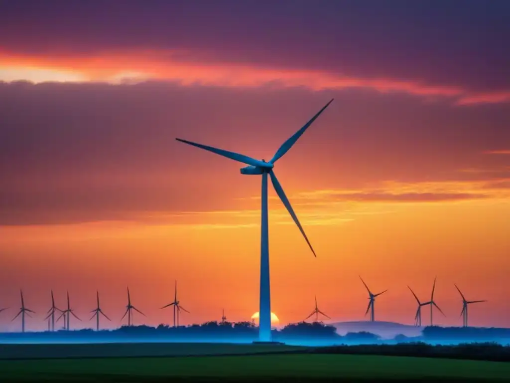 Imponente turbina eólica moderna contra un vibrante atardecer, simbolizando los Desafíos energía eólica hogar