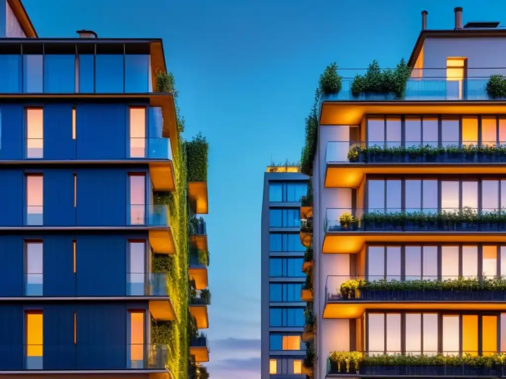 Imponentes rascacielos verdes en diseño urbano, Bosco Verticale al anochecer en Milán