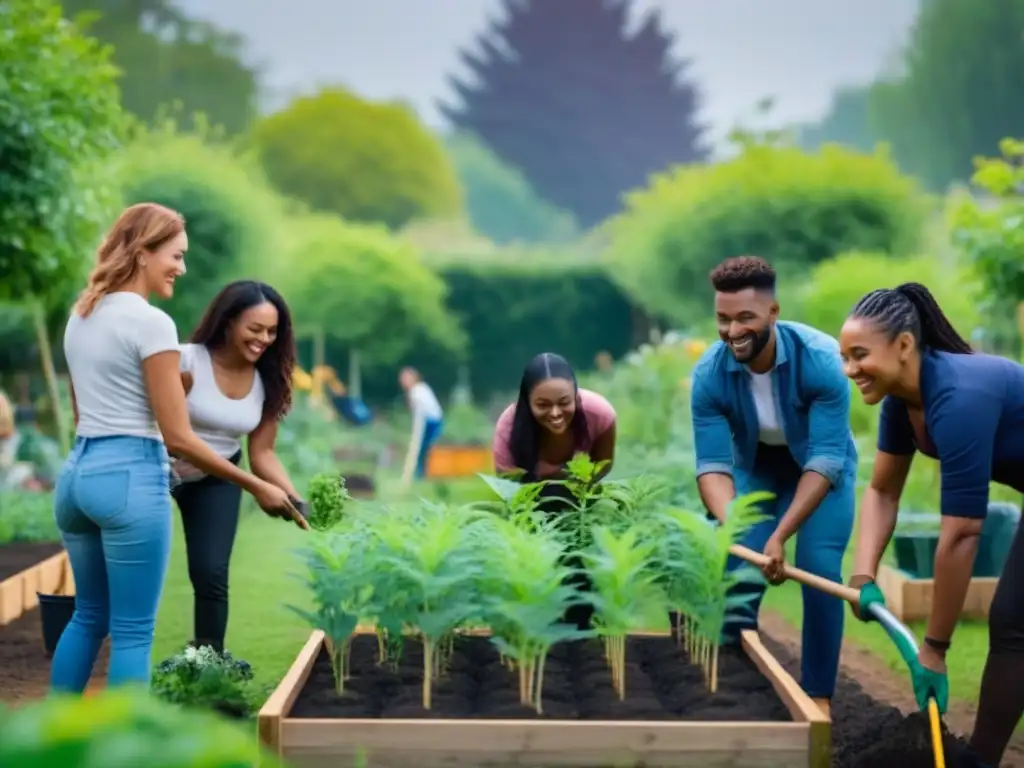 La importancia de los bonos verdes sostenibles: comunidad diversa trabajando en jardín verde, fomentando la colaboración y la sostenibilidad