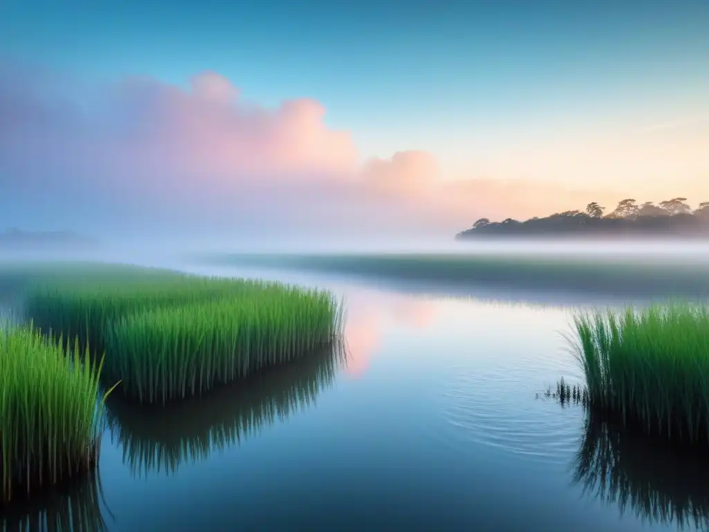 Importancia de las campañas de concienciación sobre humedales: Amanecer tranquilo en un humedal, con niebla sobre el agua y plantas silueteadas