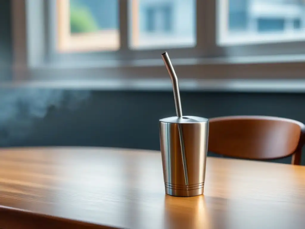 Importancia de rechazar desechables en el estilo de vida: pajita de acero inoxidable sobre mesa de madera con luz natural suave