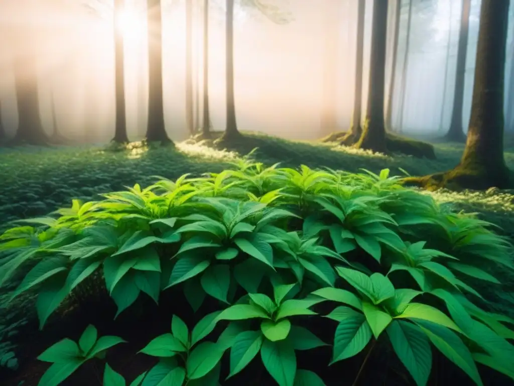 La importancia de la economía circular en la reducción de residuos, reflejada en la serenidad y belleza de un bosque verde iluminado por el sol