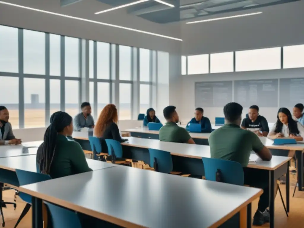 Importancia de la educación en energía eólica sostenible: Futurista aula con alumnos construyendo turbinas eólicas