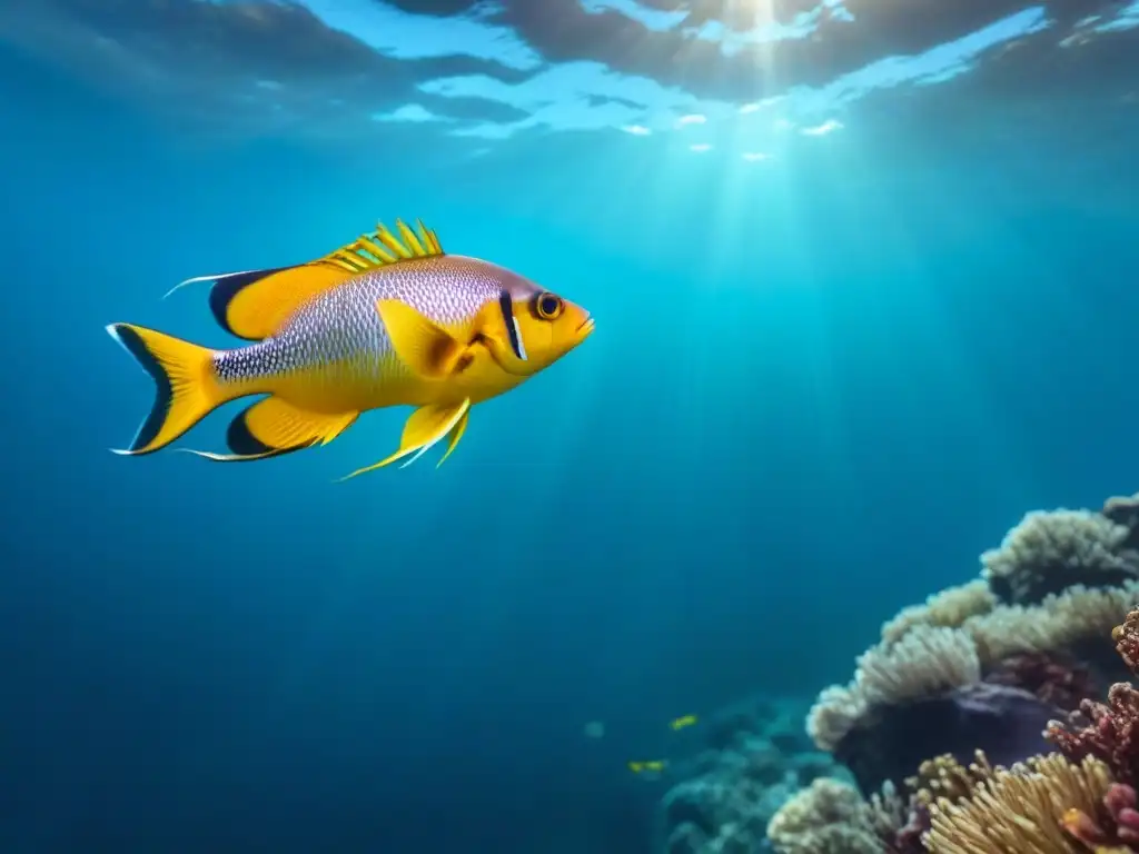 La importancia de los océanos: un armonioso y sereno ecosistema marino con peces coloridos nadando en aguas cristalinas bajo la luz del sol