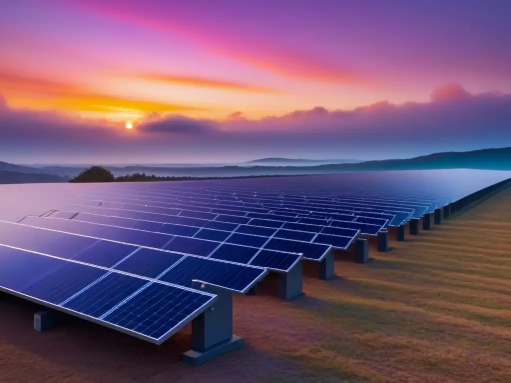 Un impresionante array solar moderno, en armonía con un atardecer vibrante