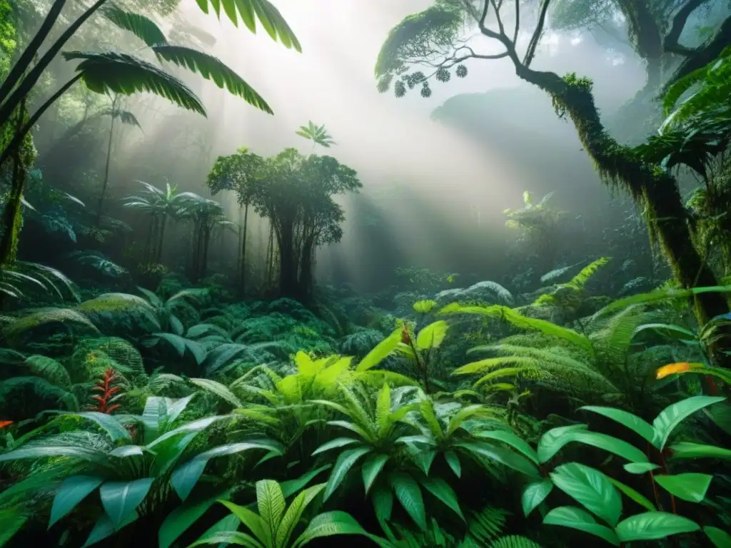 Impresionante biodiversidad en un exuberante bosque lluvioso, destaca la interconexión y belleza natural, impacto positivo en energía y desperdicio