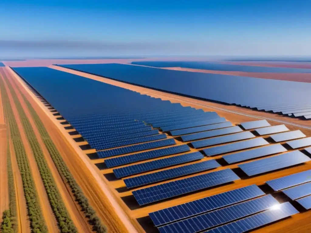 Un impresionante campo solar en el desierto bajo un cielo azul