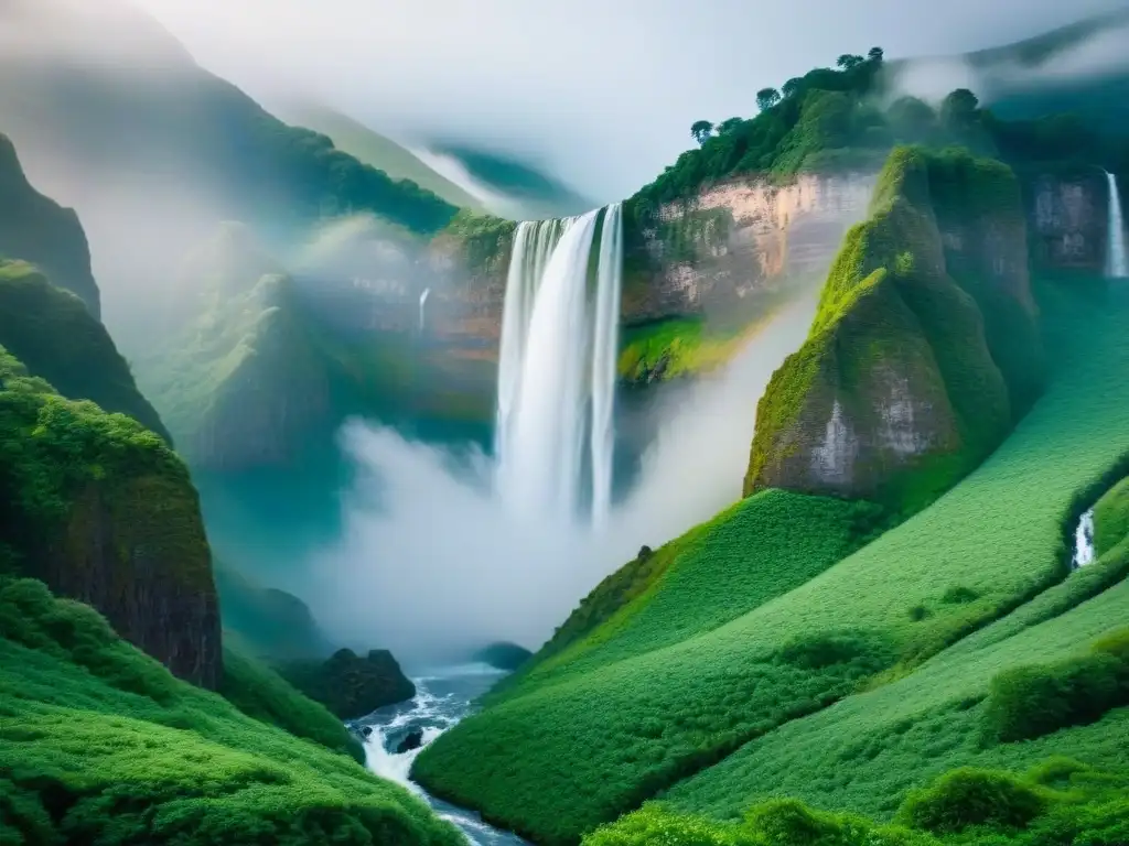 Impresionante cascada rodeada de exuberante vegetación y neblina, destacando las Ventajas energía hidroeléctrica