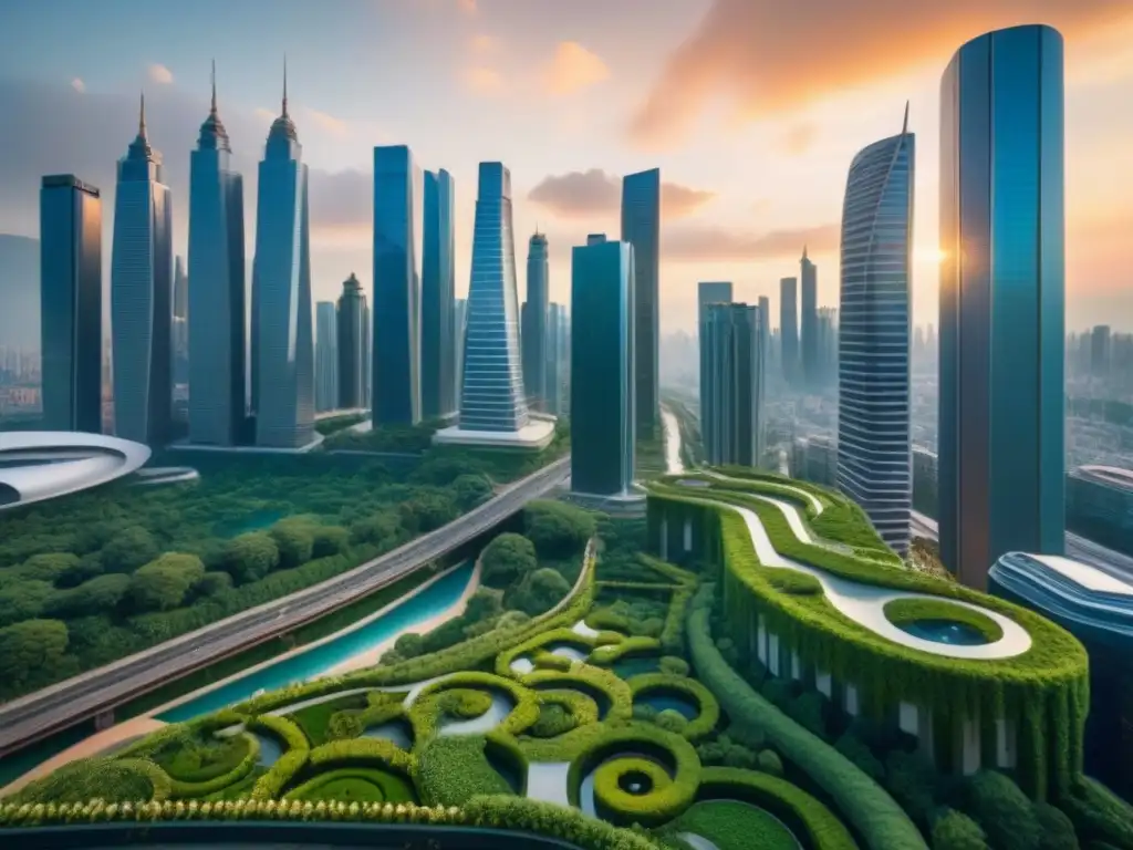 Impresionante ciudad futurista con muros verdes beneficios urbanos al atardecer