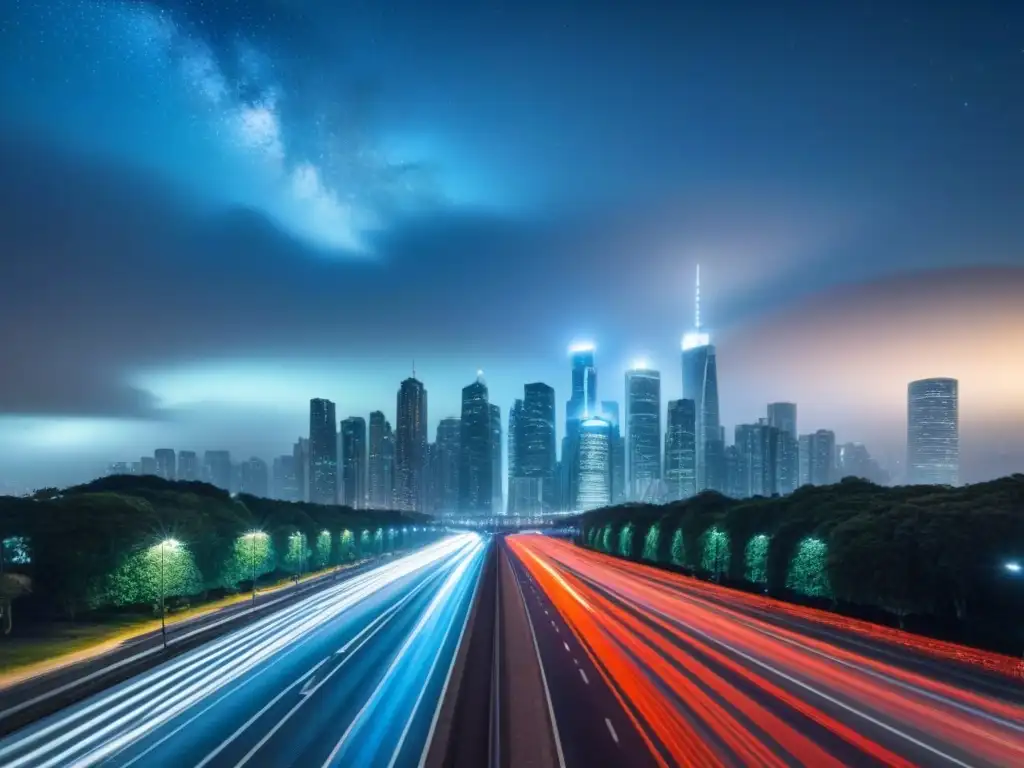 Impresionante ciudad de noche con contaminación lumínica en ecosistemas urbanos