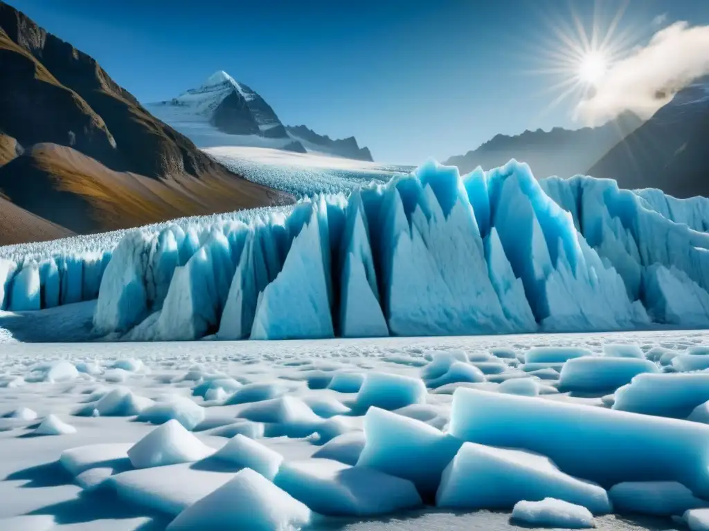 Impresionante glaciar azul rodeado de montañas, reflejando la luz del sol